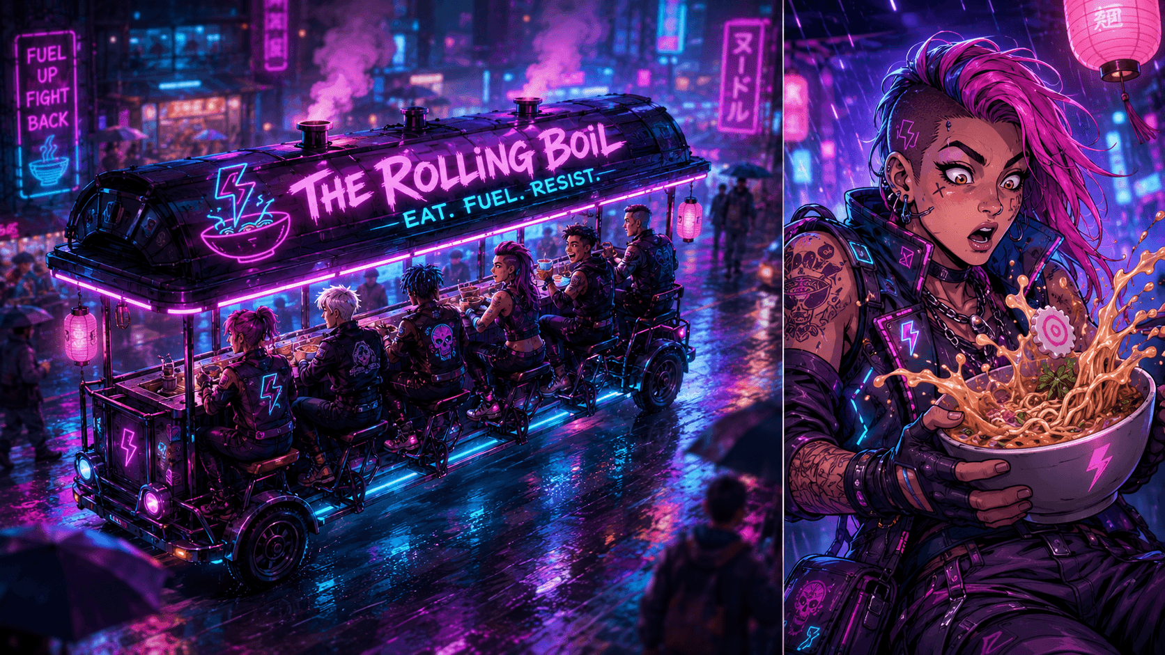 A neon-lit cyberpunk district in the rain